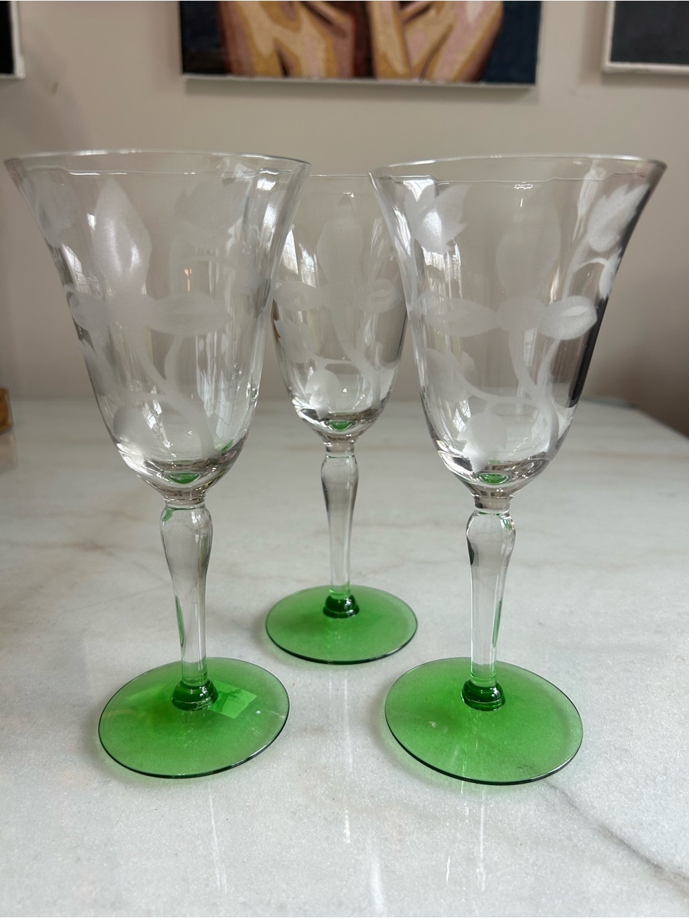 Vintage Etched Floral Green Foot Glasses Set of 3